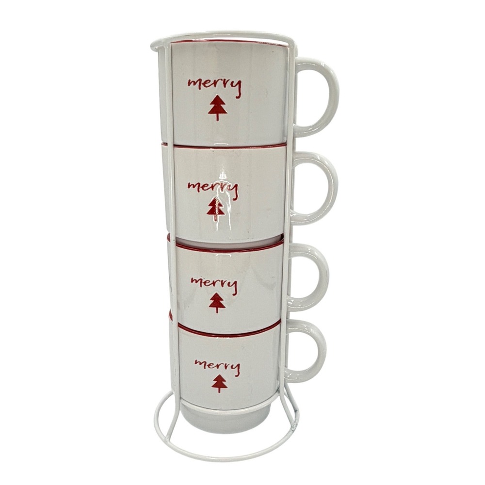 Set of 4‎ Signature Housewares Stoneware Merry Christmas Mugs w/ Metal Stand 12"